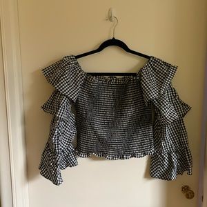 Dramatic Sleeve Off the Shoulder Plaid Top